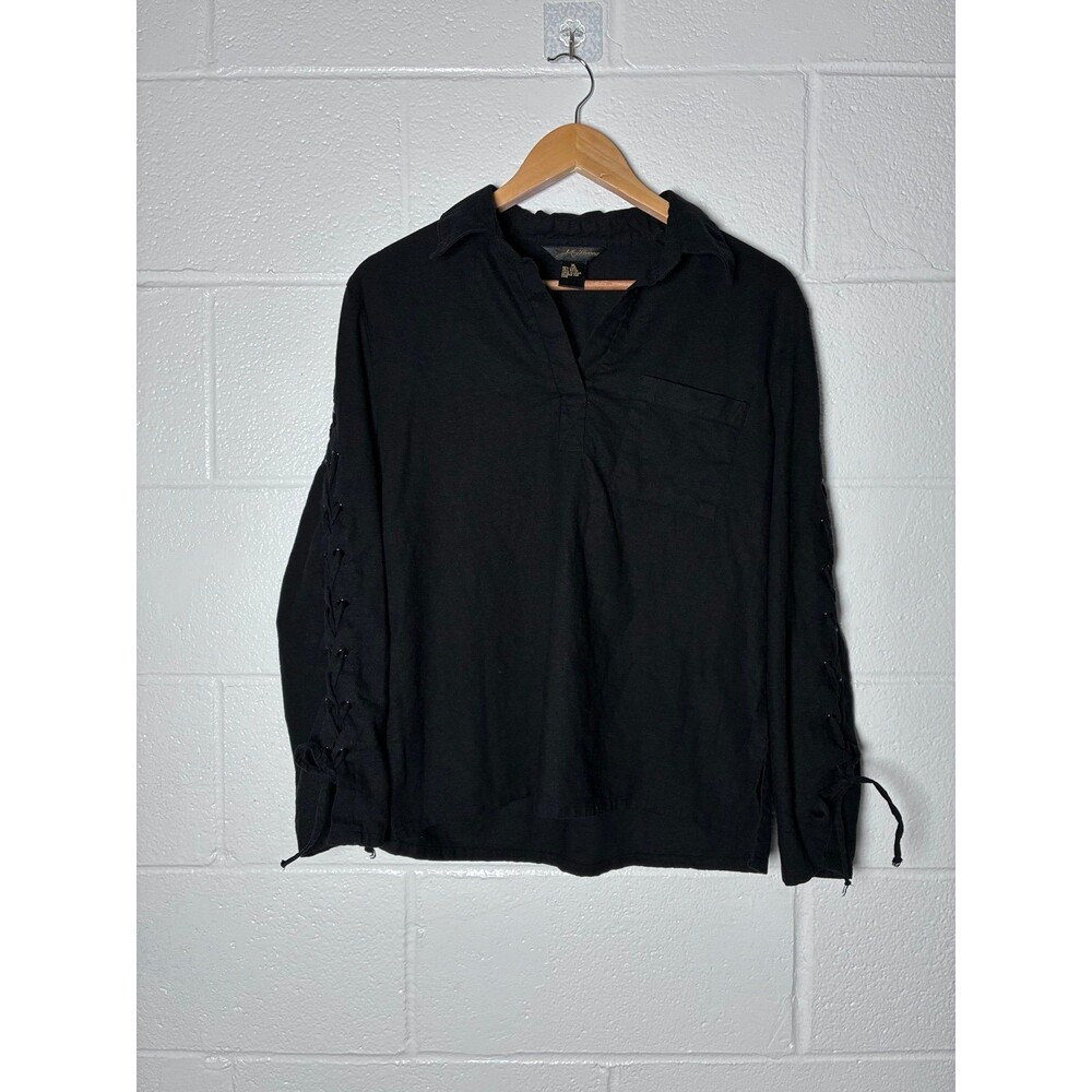 Milano Linen blend lace up sleeve vneck top with pocket